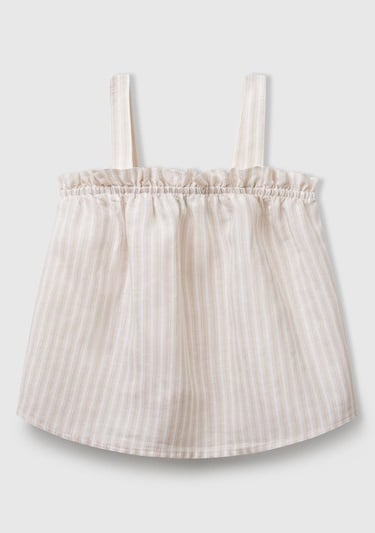  Kız Çocuk Ekru Keten Karışımlı Tamamı Desenli Fırfırlı Askılı Üst