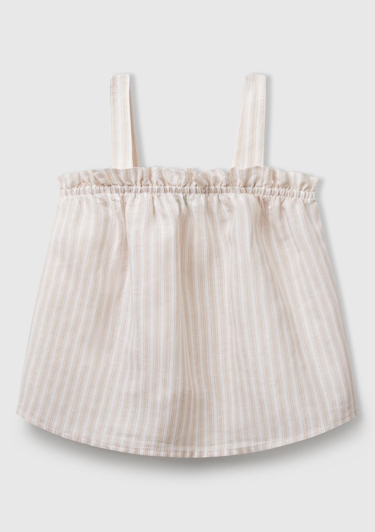  Kız Çocuk Ekru Keten Karışımlı Tamamı Desenli Fırfırlı Askılı Üst