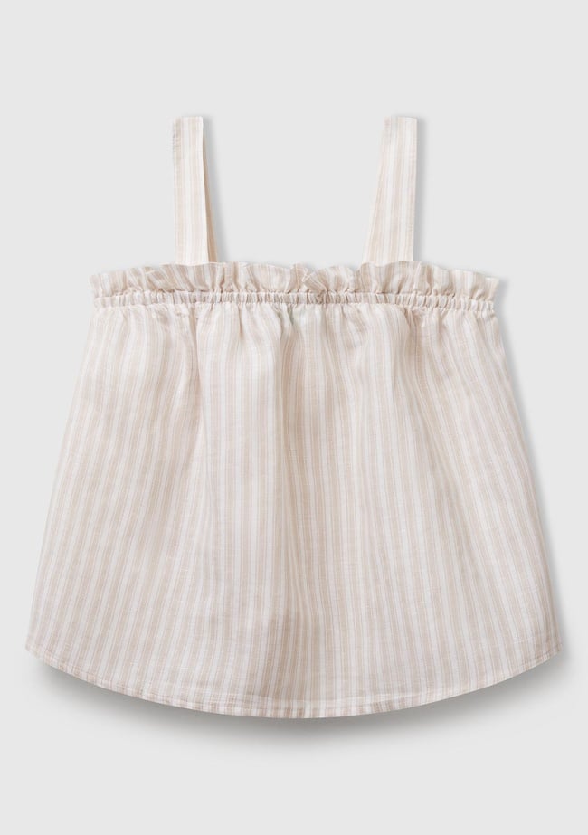  Kız Çocuk Ekru Keten Karışımlı Tamamı Desenli Fırfırlı Askılı Üst