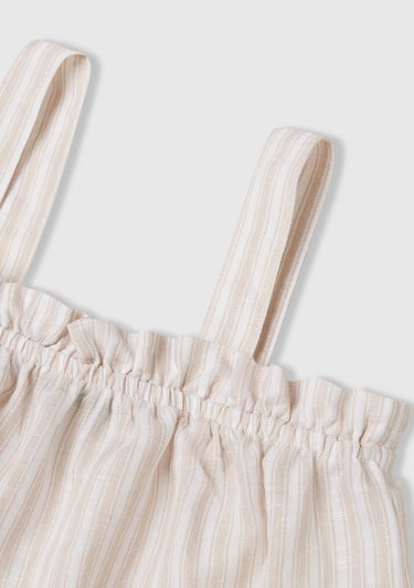  Kız Çocuk Ekru Keten Karışımlı Tamamı Desenli Fırfırlı Askılı Üst