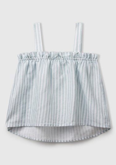  Kız Çocuk Yeşil Keten Karışımlı Tamamı Desenli Fırfırlı Askılı Üst