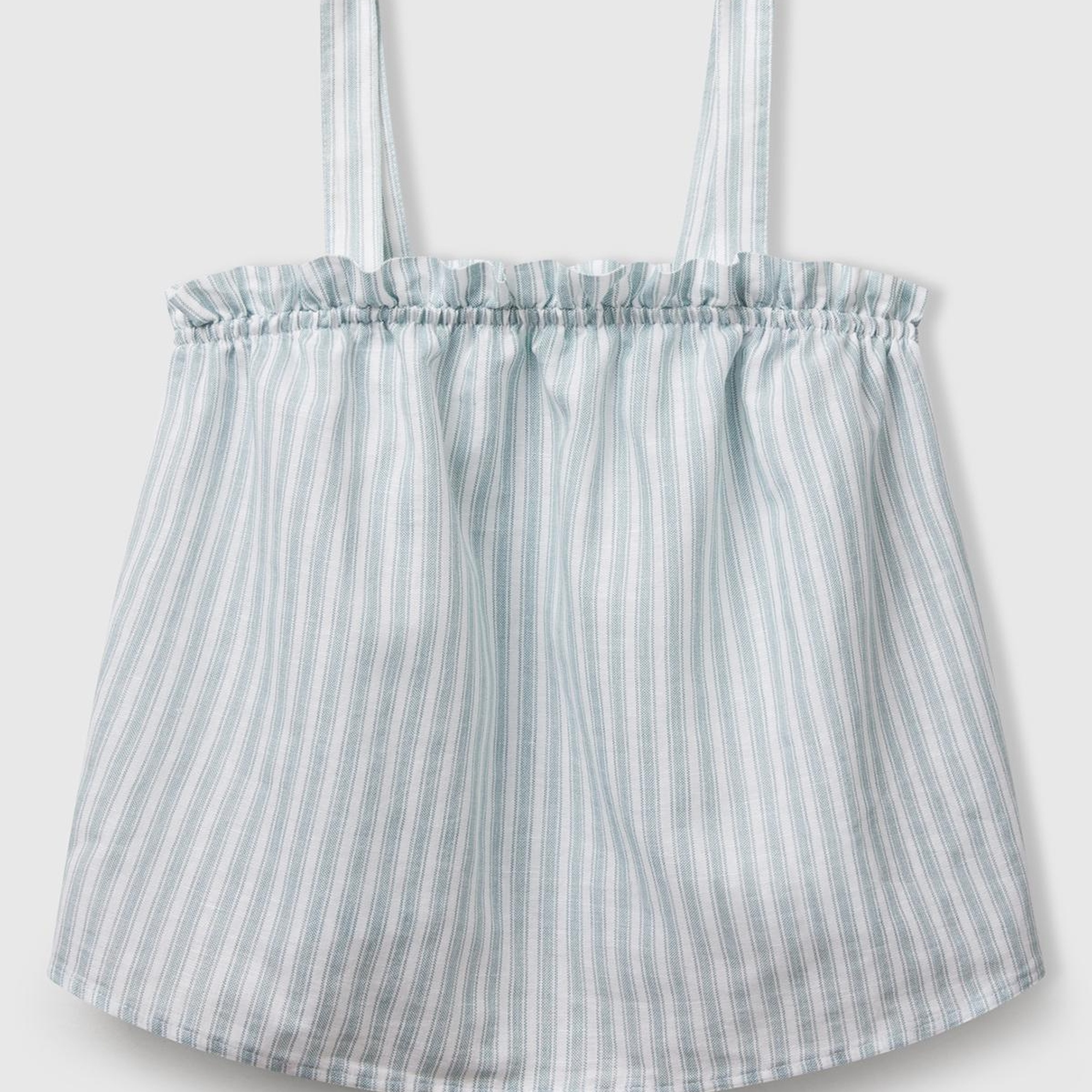 Kız Çocuk Yeşil Keten Karışımlı Tamamı Desenli Fırfırlı Askılı Üst