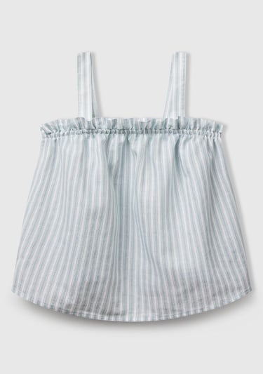  Kız Çocuk Yeşil Keten Karışımlı Tamamı Desenli Fırfırlı Askılı Üst