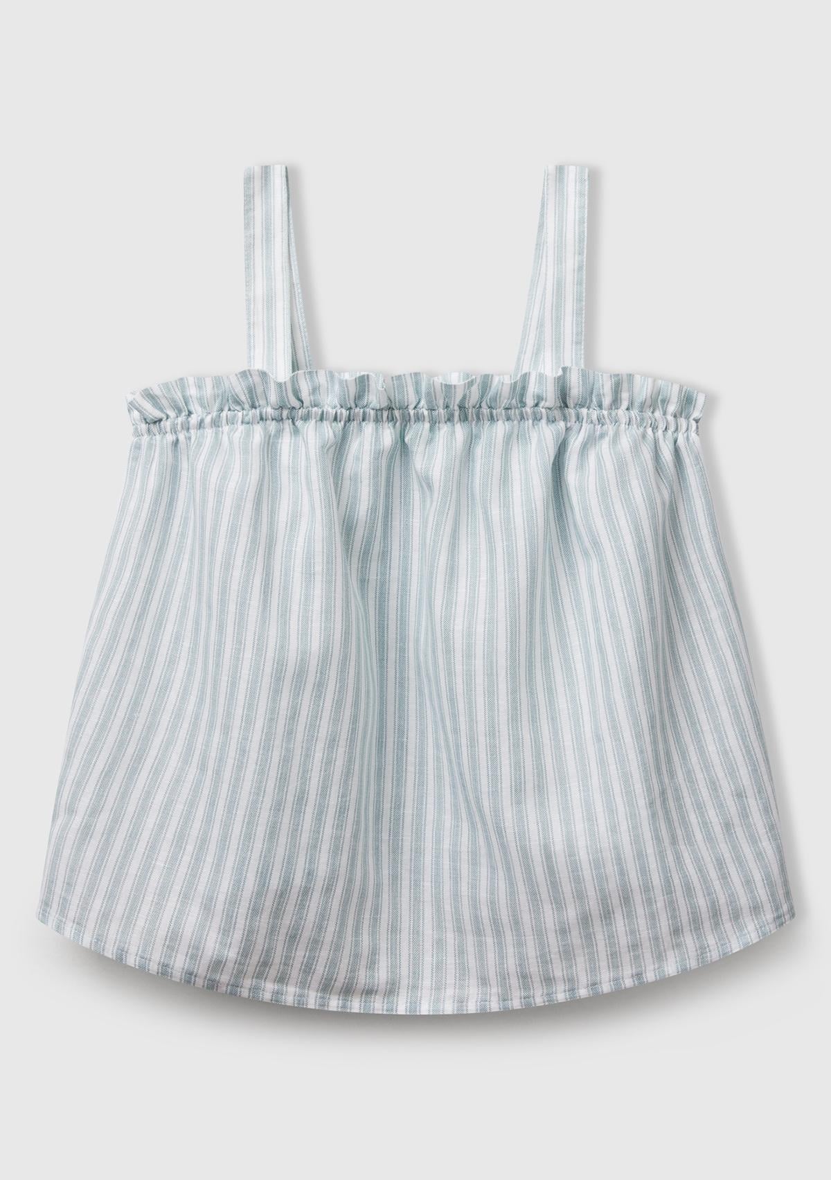  Kız Çocuk Yeşil Keten Karışımlı Tamamı Desenli Fırfırlı Askılı Üst