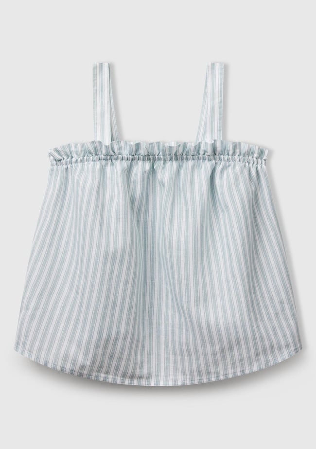  Kız Çocuk Yeşil Keten Karışımlı Tamamı Desenli Fırfırlı Askılı Üst