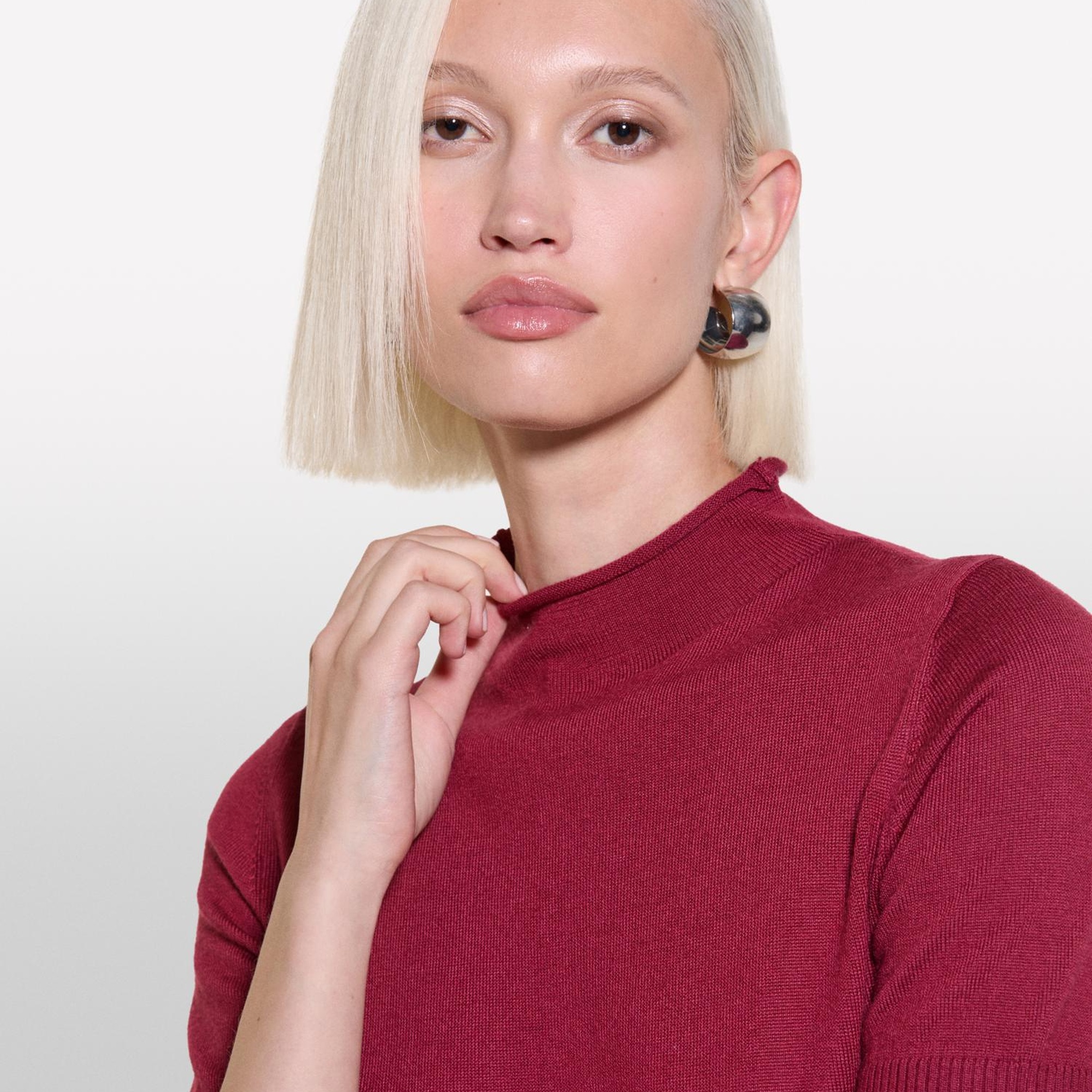 Kadın Kırmızı Yün Karışımlı Yarım Kollu Balıkçı Yaka Kazak