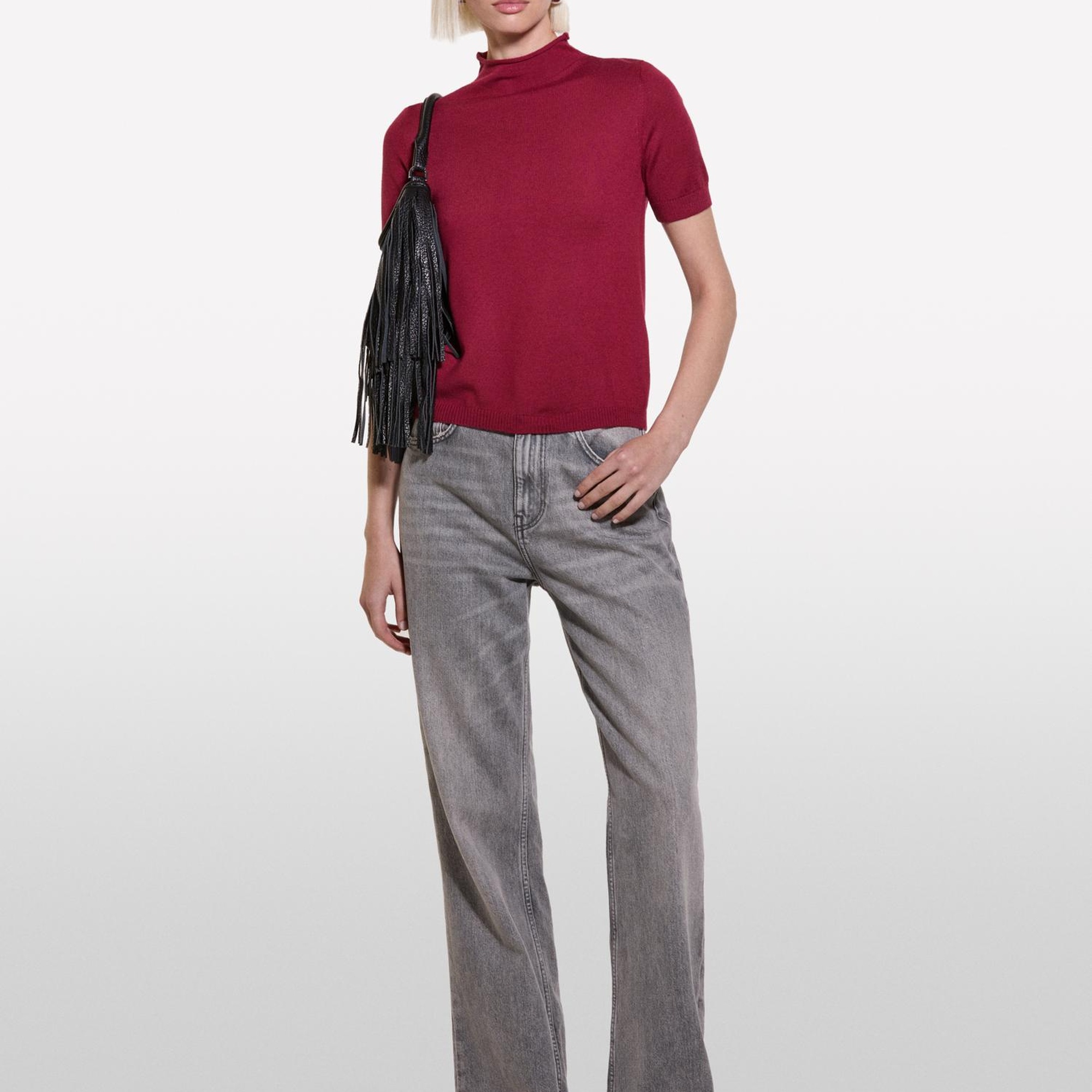 Kadın Kırmızı Yün Karışımlı Yarım Kollu Balıkçı Yaka Kazak