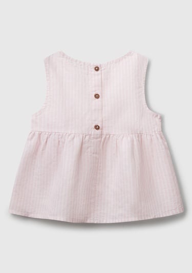  Kız Çocuk Toz Pembe Keten Karışımlı Tamamı Desenli Çiçek Aplikeli Arkası Düğmeli Kolsuz Gömlek