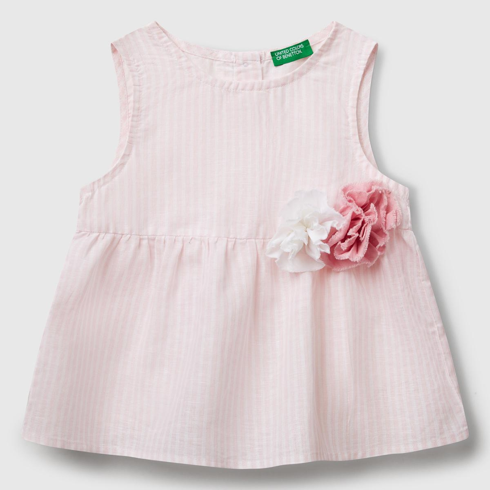 Kız Çocuk Toz Pembe Keten Karışımlı Tamamı Desenli Çiçek Aplikeli Arkası Düğmeli Kolsuz Gömlek