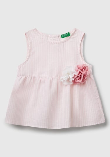  Kız Çocuk Toz Pembe Keten Karışımlı Tamamı Desenli Çiçek Aplikeli Arkası Düğmeli Kolsuz Gömlek