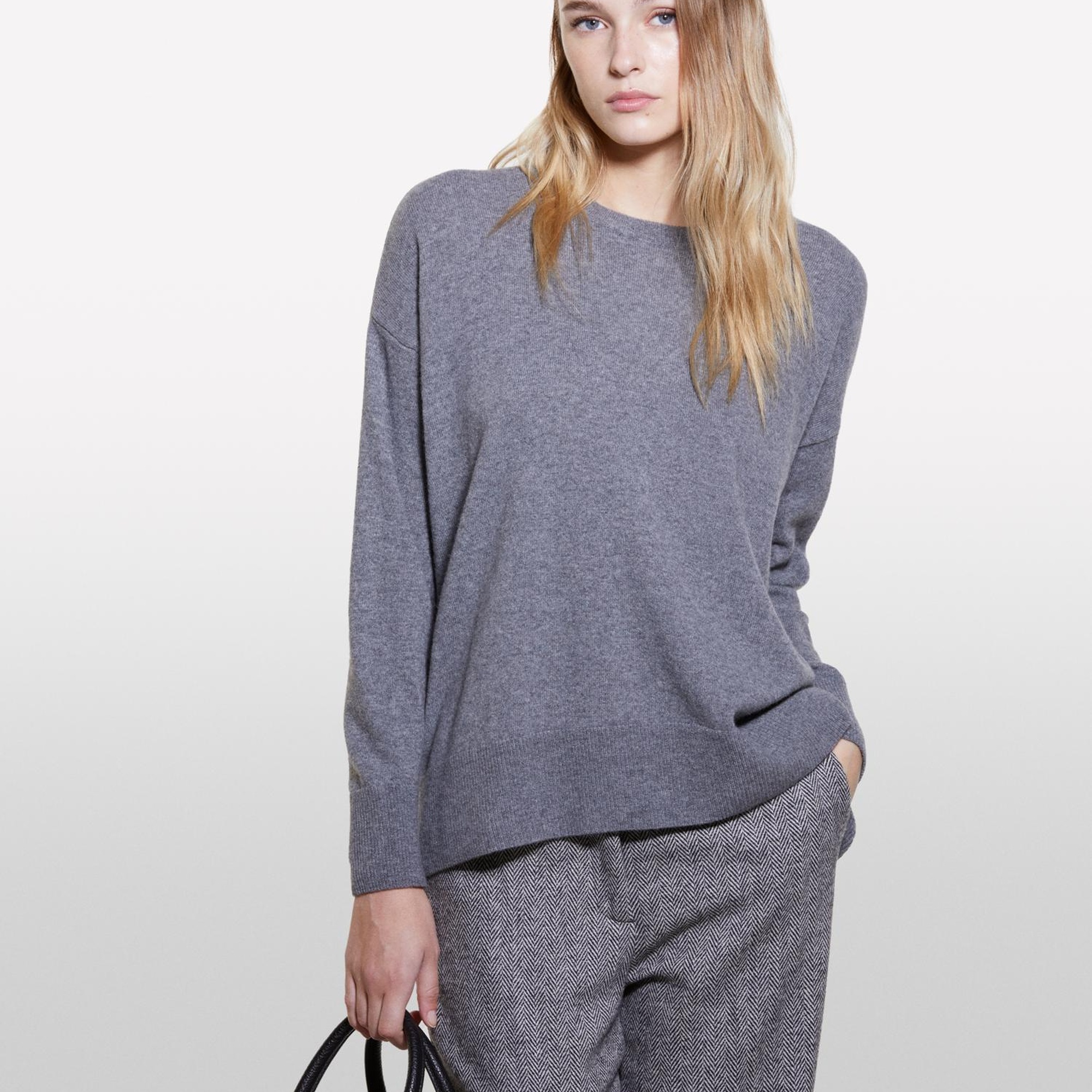 Kadın Koyu Gri Yün Karışımlı Boxy Fit Kazak