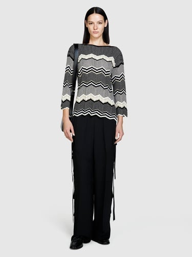  Kadın Siyah Mix Pamuk Karışımlı Şerit Detaylı Kayık Yaka Kazak