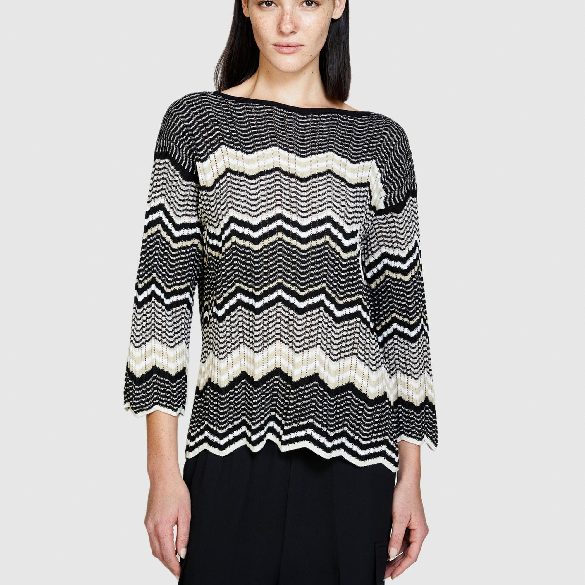 Kadın Siyah Mix Pamuk Karışımlı Şerit Detaylı Kayık Yaka Kazak