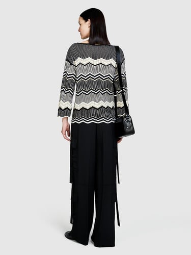  Kadın Siyah Mix Pamuk Karışımlı Şerit Detaylı Kayık Yaka Kazak