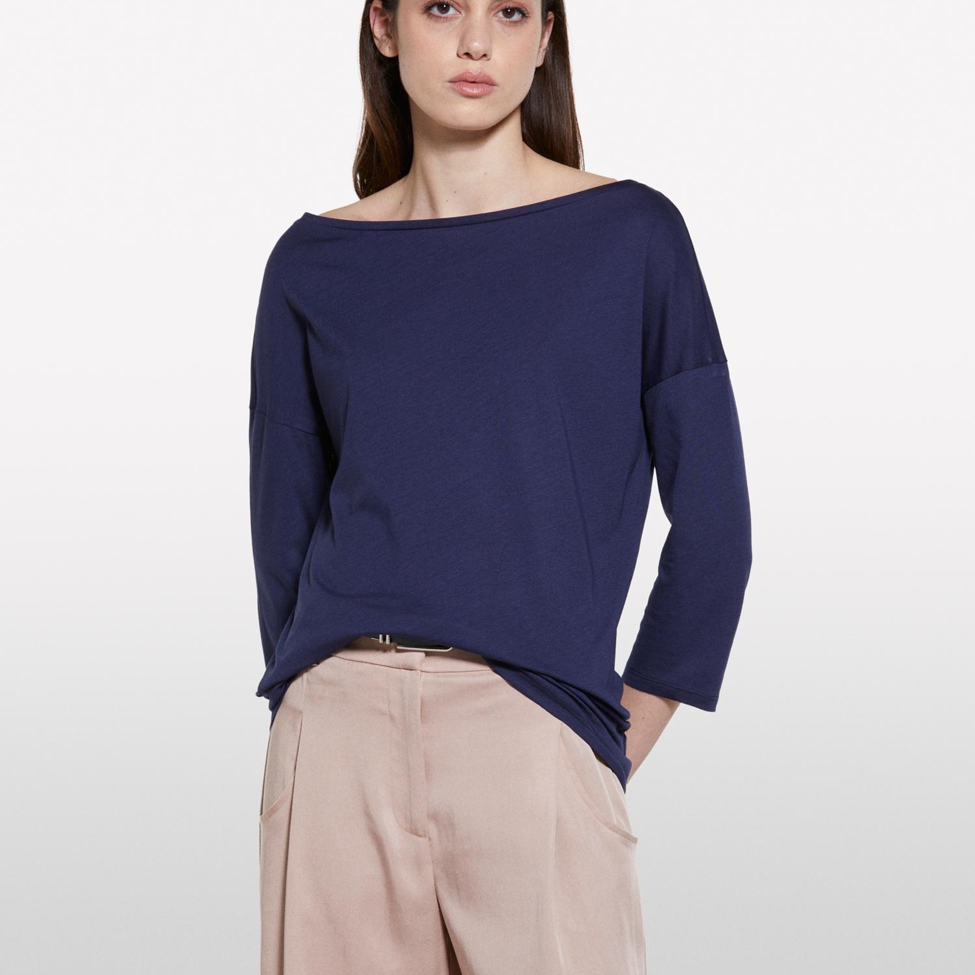 Kadın Lacivert Modal Karışımlı Kayık Yaka Regular Fit T-Shirt