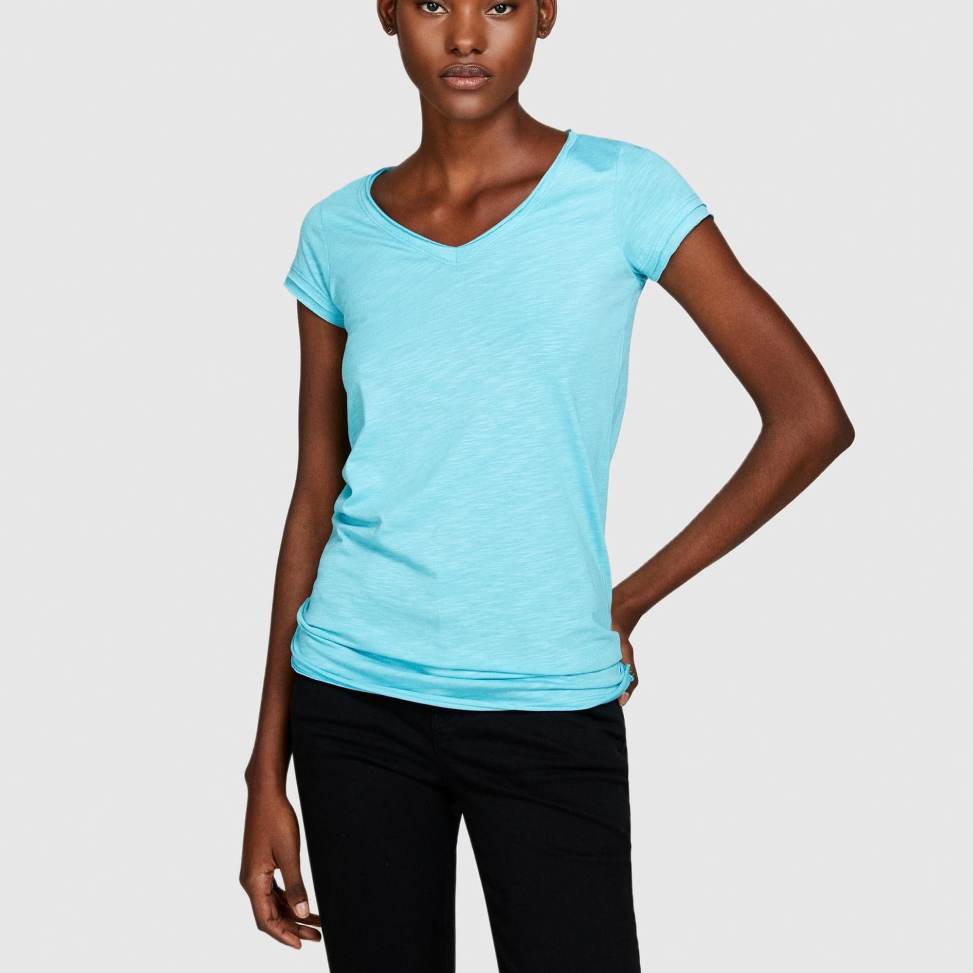 Kadın Açık Mavi Pamuk Modal Karışımlı V Yaka T-Shirt