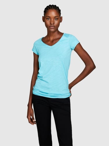  Kadın Açık Mavi Pamuk Modal Karışımlı V Yaka T-Shirt