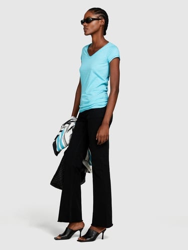  Kadın Açık Mavi Pamuk Modal Karışımlı V Yaka T-Shirt