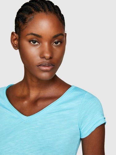  Kadın Açık Mavi Pamuk Modal Karışımlı V Yaka T-Shirt