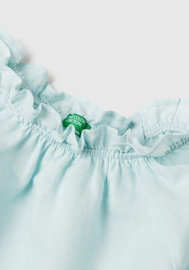  Kız Çocuk Su Yeşili Keten Karışımlı Büzgü Dikişli Kısa Kollu Bluz