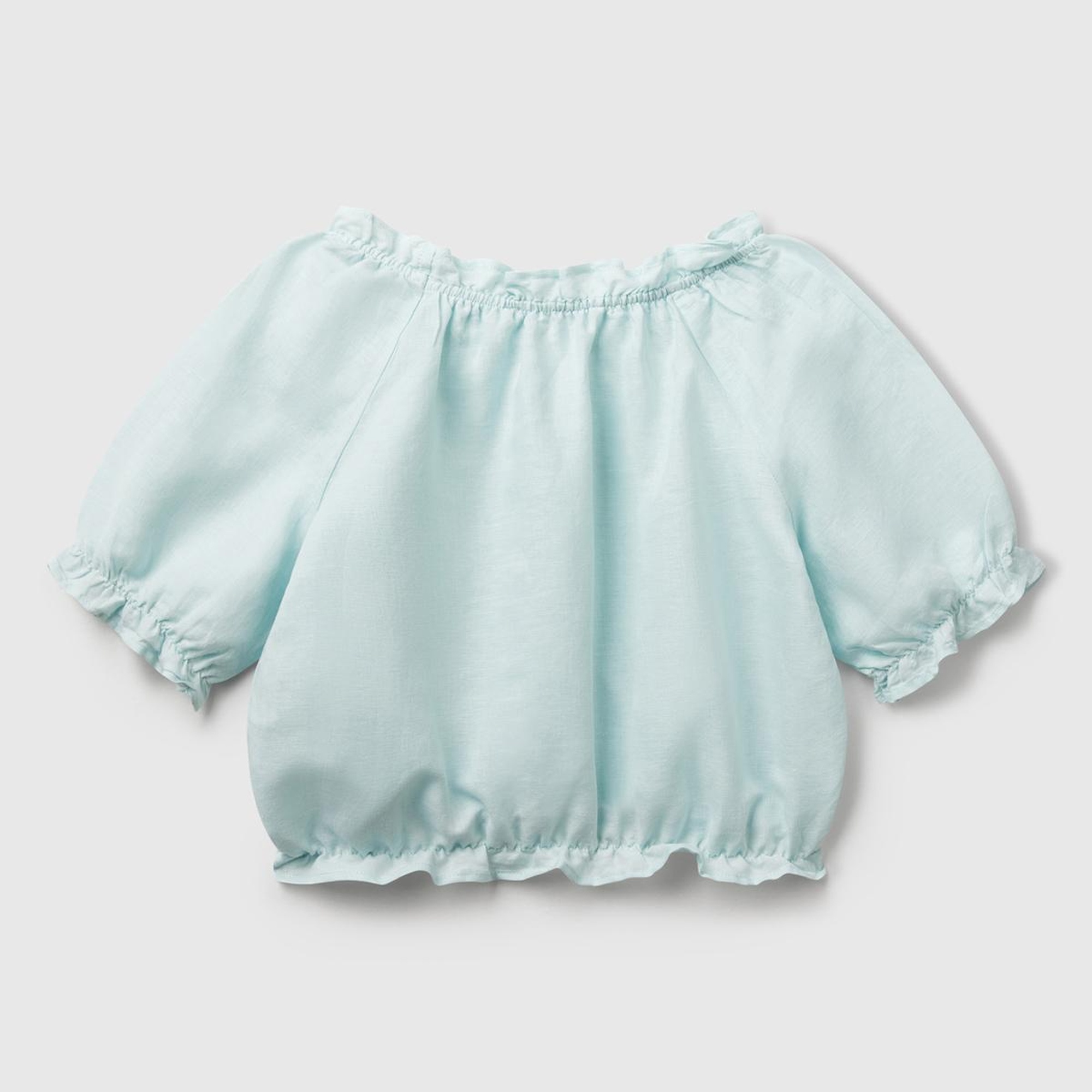 Kız Çocuk Su Yeşili Keten Karışımlı Büzgü Dikişli Kısa Kollu Bluz