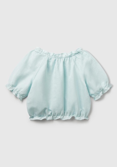  Kız Çocuk Su Yeşili Keten Karışımlı Büzgü Dikişli Kısa Kollu Bluz