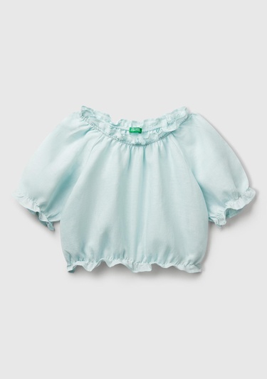  Kız Çocuk Su Yeşili Keten Karışımlı Büzgü Dikişli Kısa Kollu Bluz