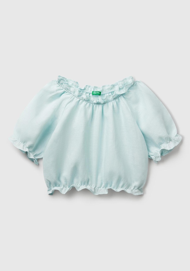  Kız Çocuk Su Yeşili Keten Karışımlı Büzgü Dikişli Kısa Kollu Bluz
