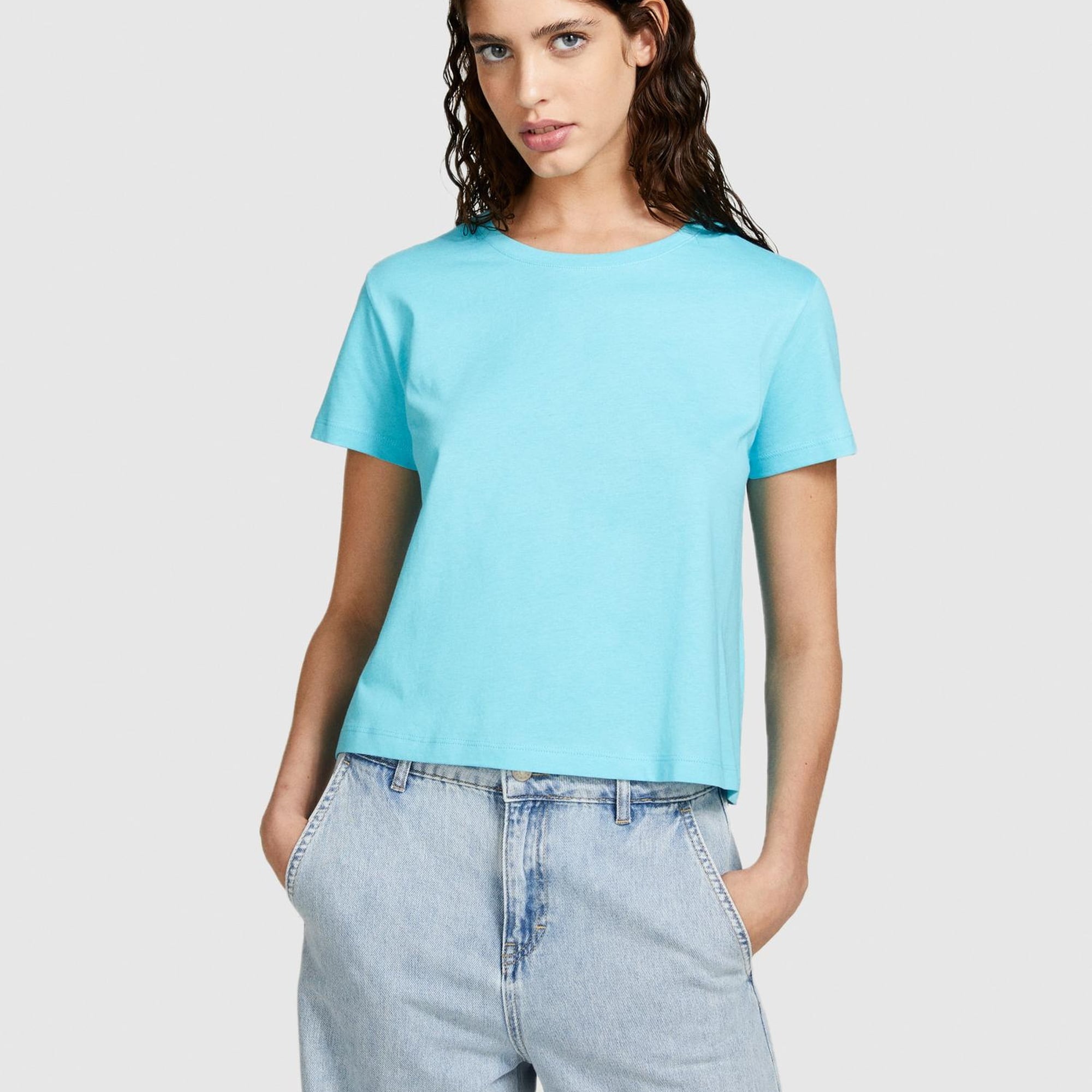 Kadın Açık Mavi %100 Pamuk Yuvarlak Yakalı T-Shirt