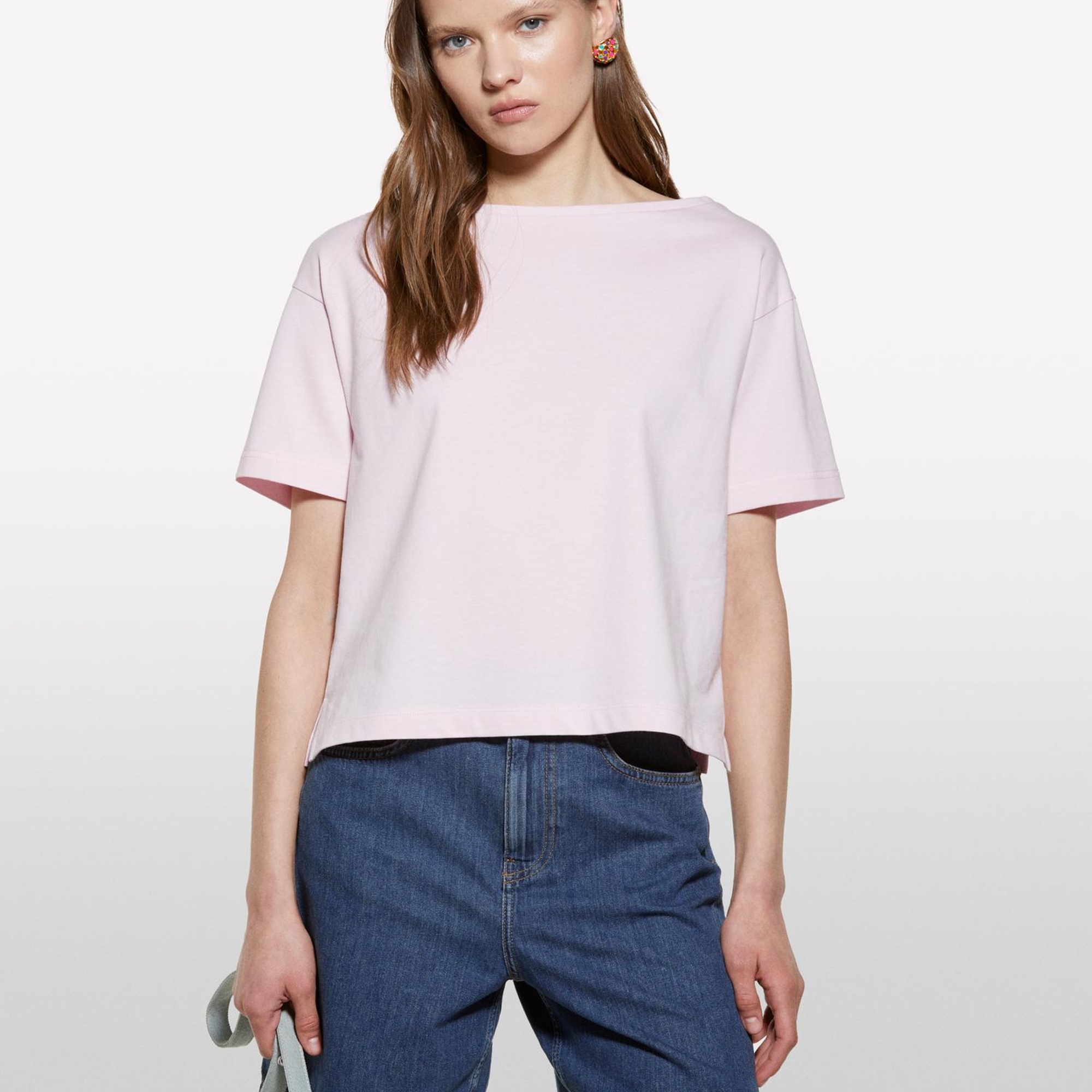 Kadın Açık Pembe %100 Pamuk Kayık Yaka Boxy Fit Crop T-Shirt