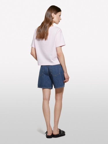  Kadın Açık Pembe %100 Pamuk Kayık Yaka Boxy Fit Crop T-Shirt