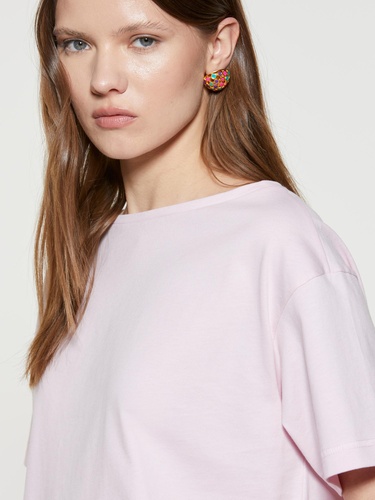  Kadın Açık Pembe %100 Pamuk Kayık Yaka Boxy Fit Crop T-Shirt