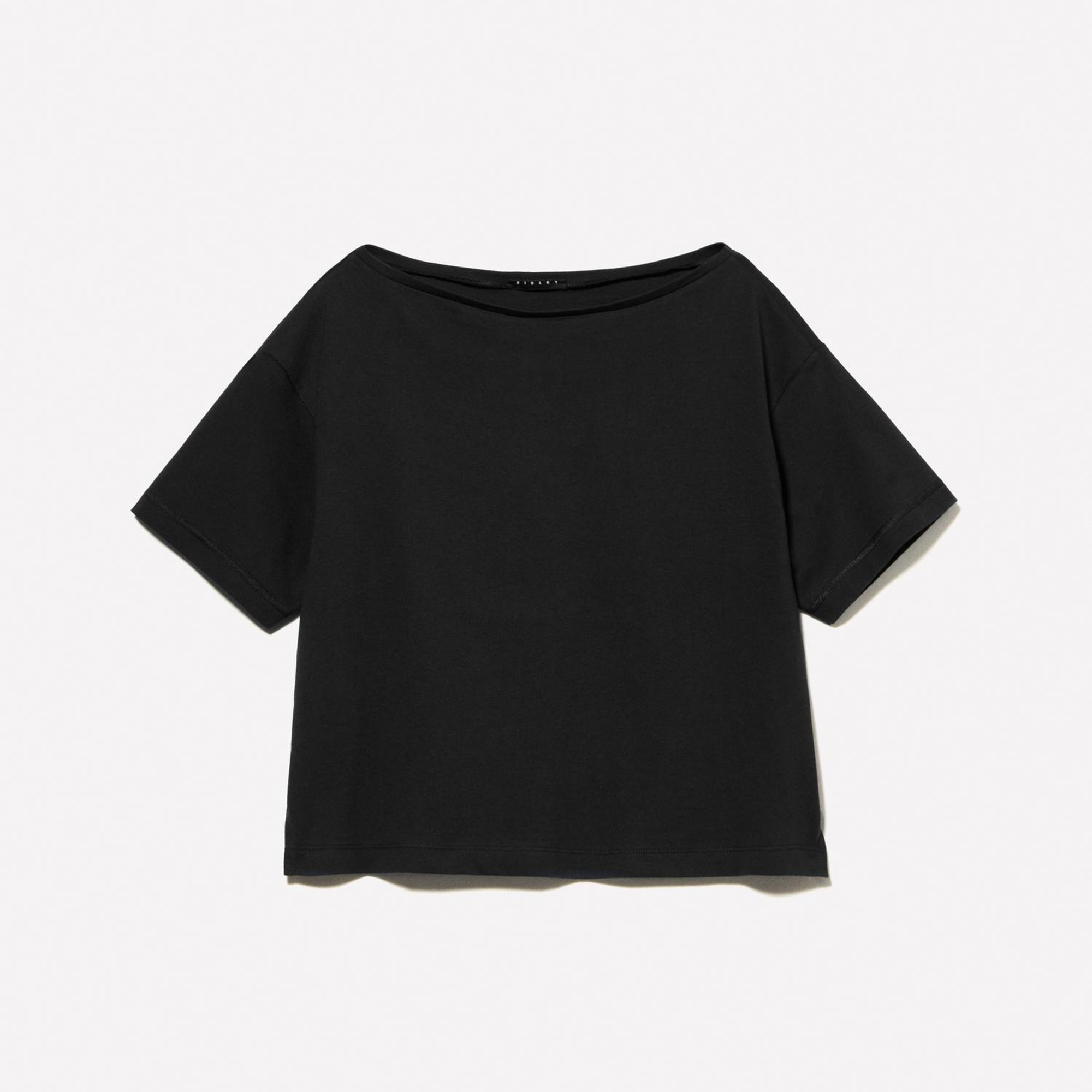 Kadın Siyah %100 Pamuk Kayık Yaka Boxy Fit Crop T-Shirt