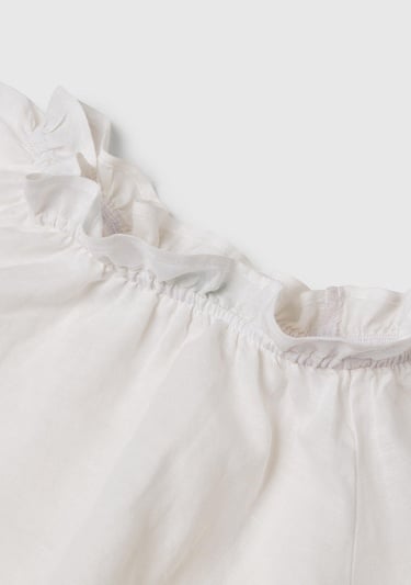  Kız Çocuk Beyaz Keten Karışımlı Büzgü Dikişli Kısa Kollu Bluz