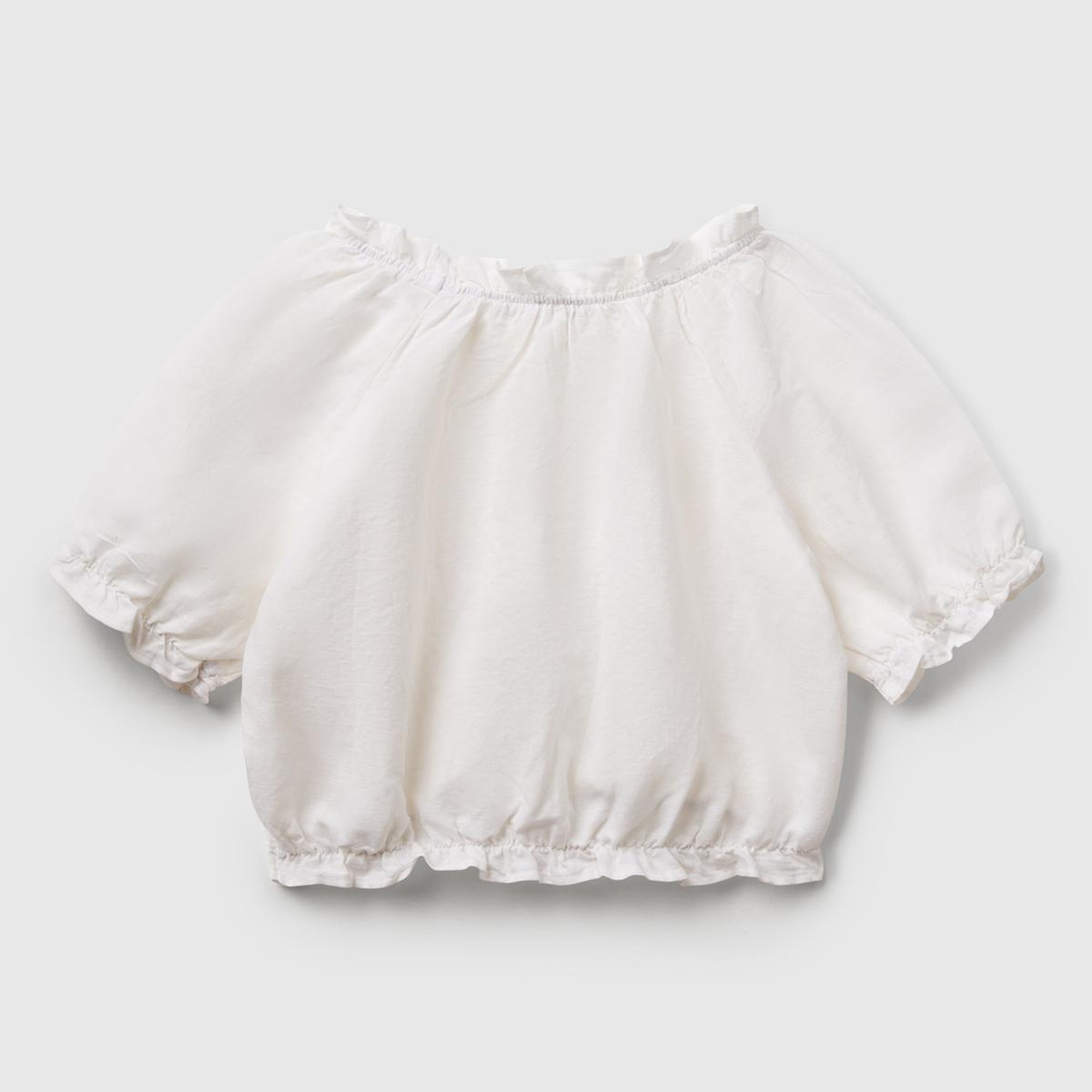 Kız Çocuk Beyaz Keten Karışımlı Büzgü Dikişli Kısa Kollu Bluz