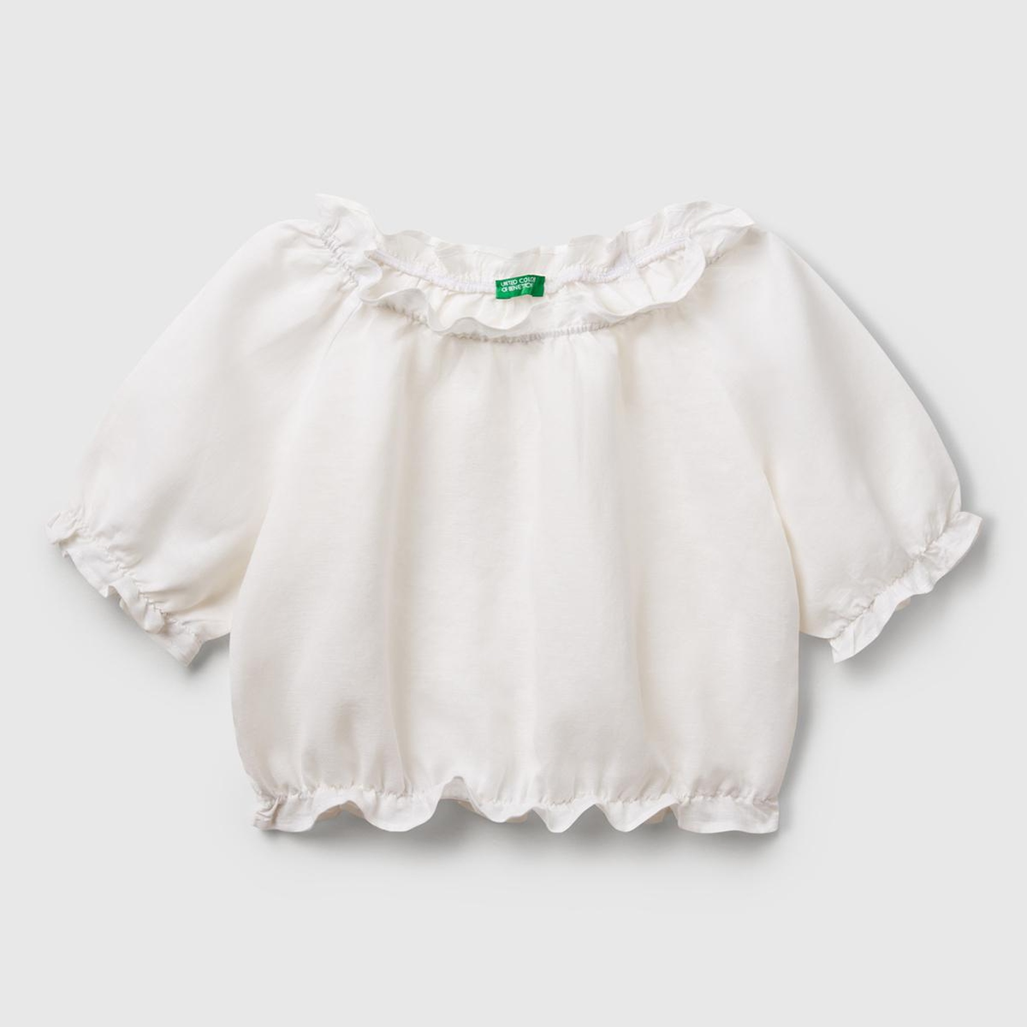 Kız Çocuk Beyaz Keten Karışımlı Büzgü Dikişli Kısa Kollu Bluz