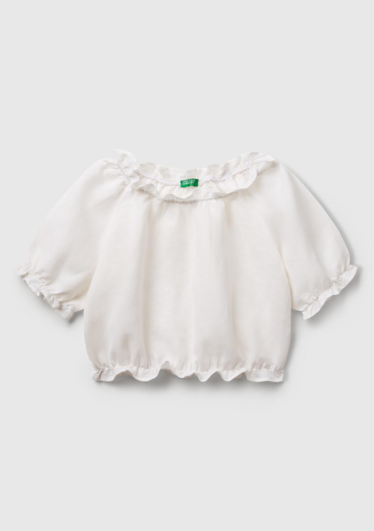  Kız Çocuk Beyaz Keten Karışımlı Büzgü Dikişli Kısa Kollu Bluz