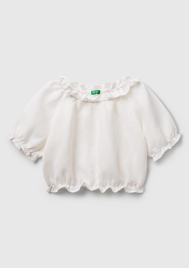  Kız Çocuk Beyaz Keten Karışımlı Büzgü Dikişli Kısa Kollu Bluz