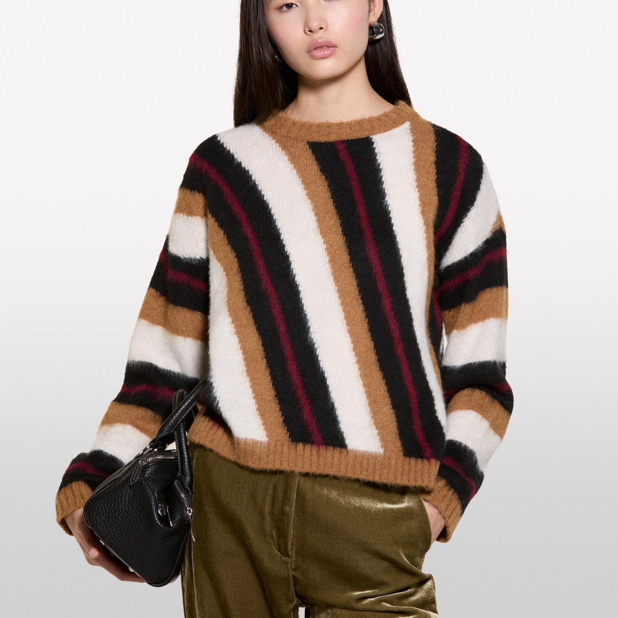 Kadın Kahverengi Mix Yün Karışımlı Renk Detaylı Normal Kesim Bisiklet Yaka Kazak