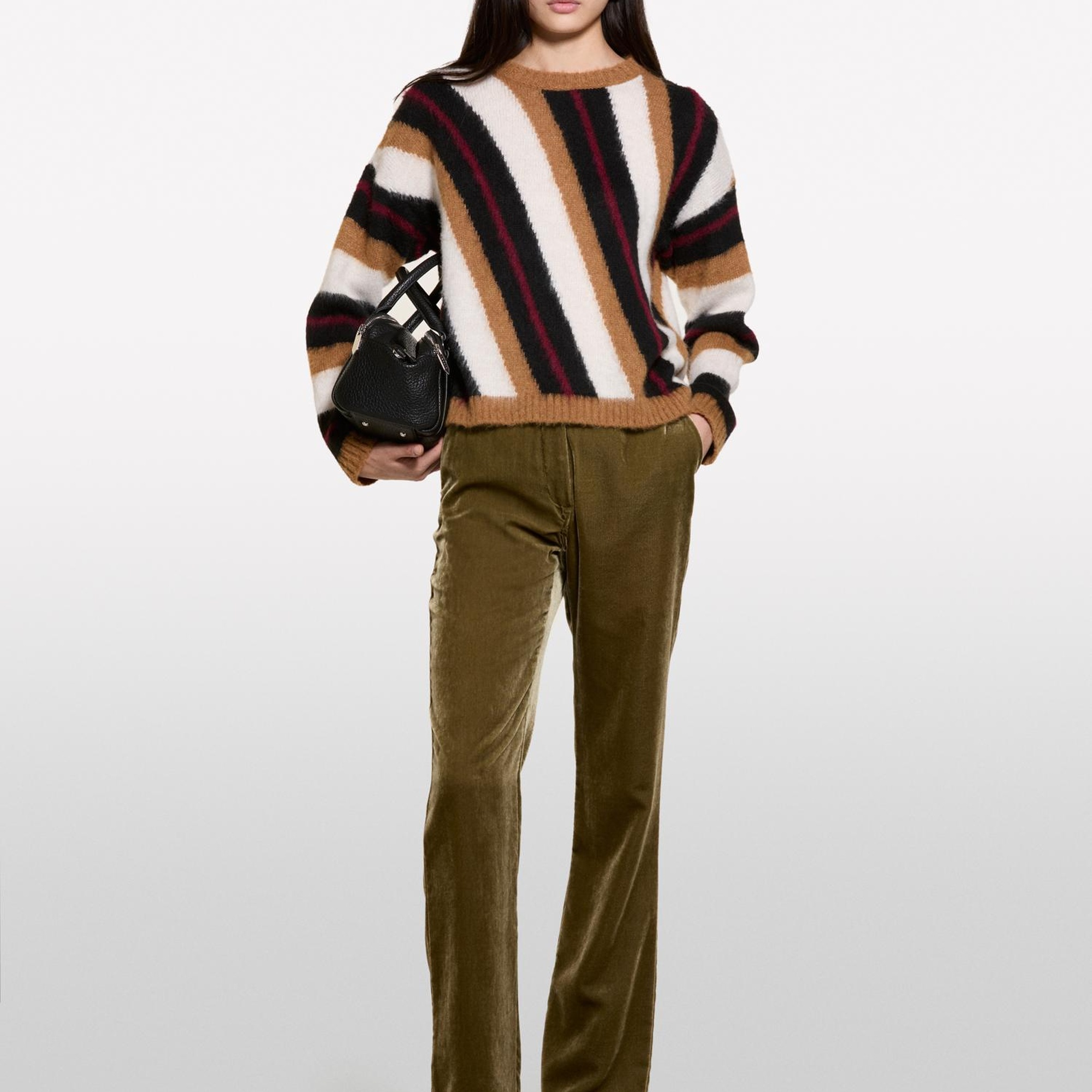 Kadın Kahverengi Mix Yün Karışımlı Renk Detaylı Normal Kesim Bisiklet Yaka Kazak