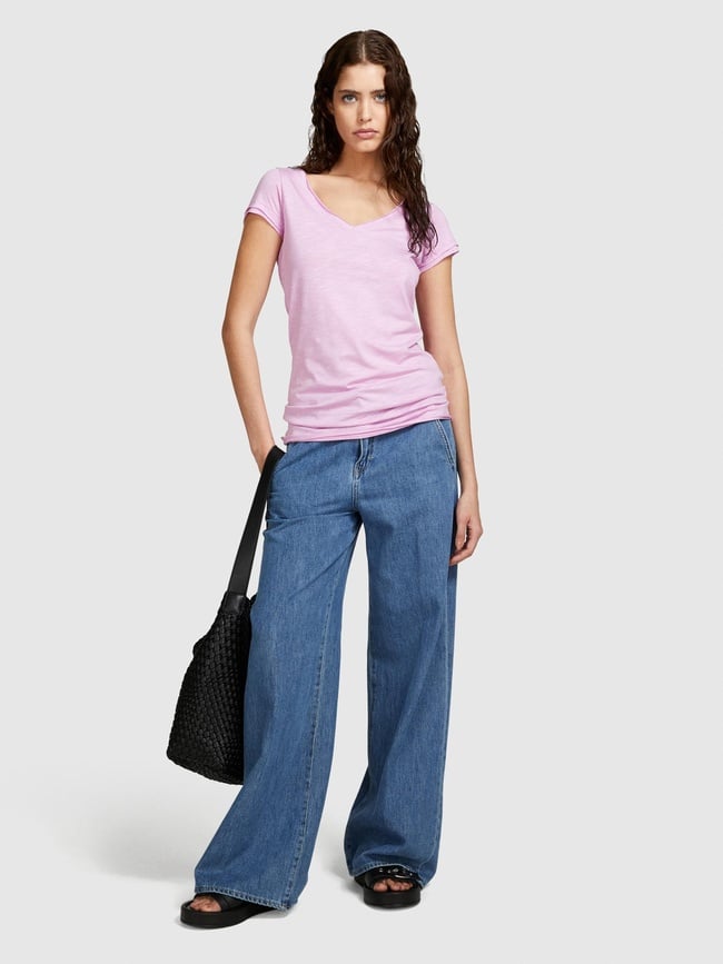  Kadın Lila Pamuk Modal Karışımlı V Yaka T-Shirt