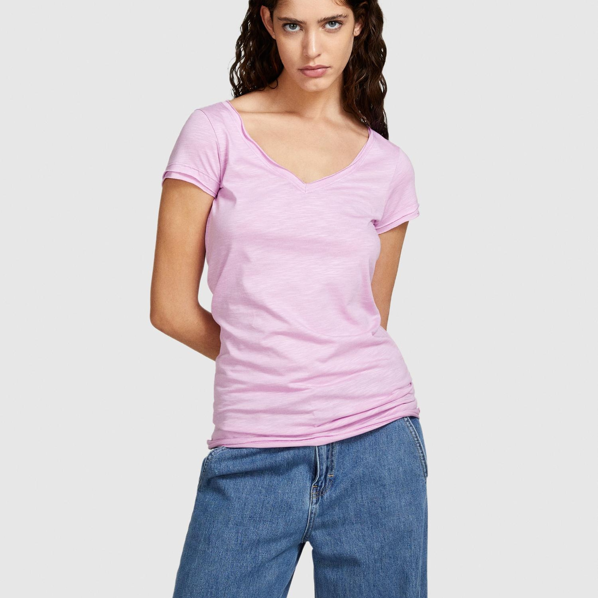 Kadın Lila Pamuk Modal Karışımlı V Yaka T-Shirt