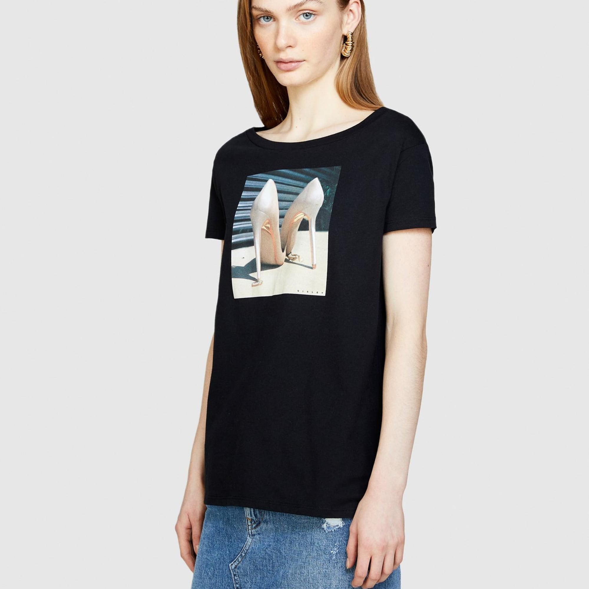 Kadın Siyah %100 Pamuk Fotoğraf Baskılı Geniş Yaka T-Shirt