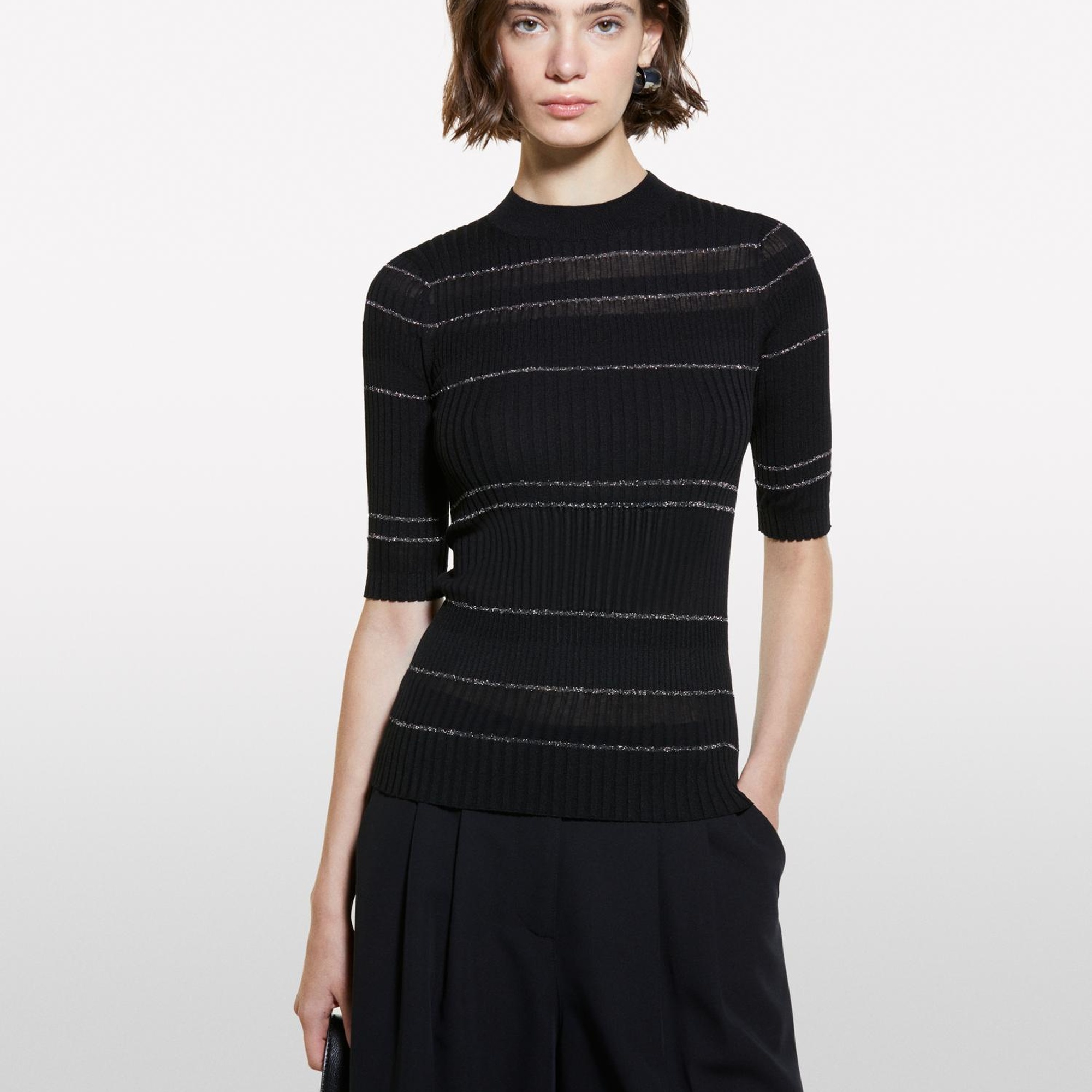 Kadın Gri Çizgili Viskoz ve Pamuk Karışımlı Çizgi Detaylı Truvakar Kol Kazak