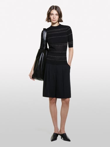  Kadın Gri Çizgili Viskoz ve Pamuk Karışımlı Çizgi Detaylı Truvakar Kol Kazak