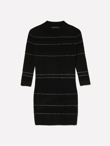  Kadın Gri Çizgili Viskoz ve Pamuk Karışımlı Çizgi Detaylı Truvakar Kol Kazak