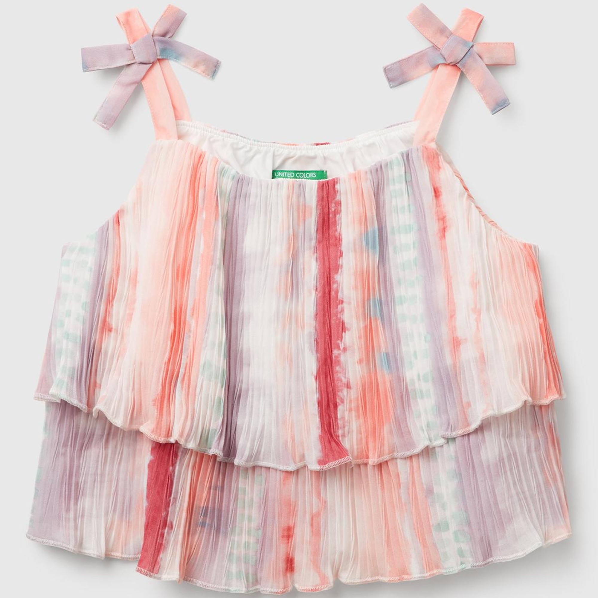 Kız Çocuk Renkli Tamamı Desenli Pileli Fiyonklu Askılı Üst