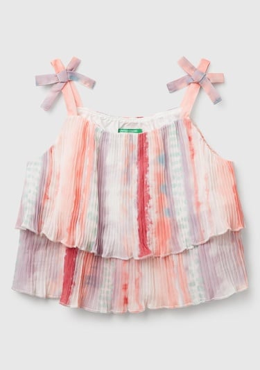  Kız Çocuk Renkli Tamamı Desenli Pileli Fiyonklu Askılı Üst