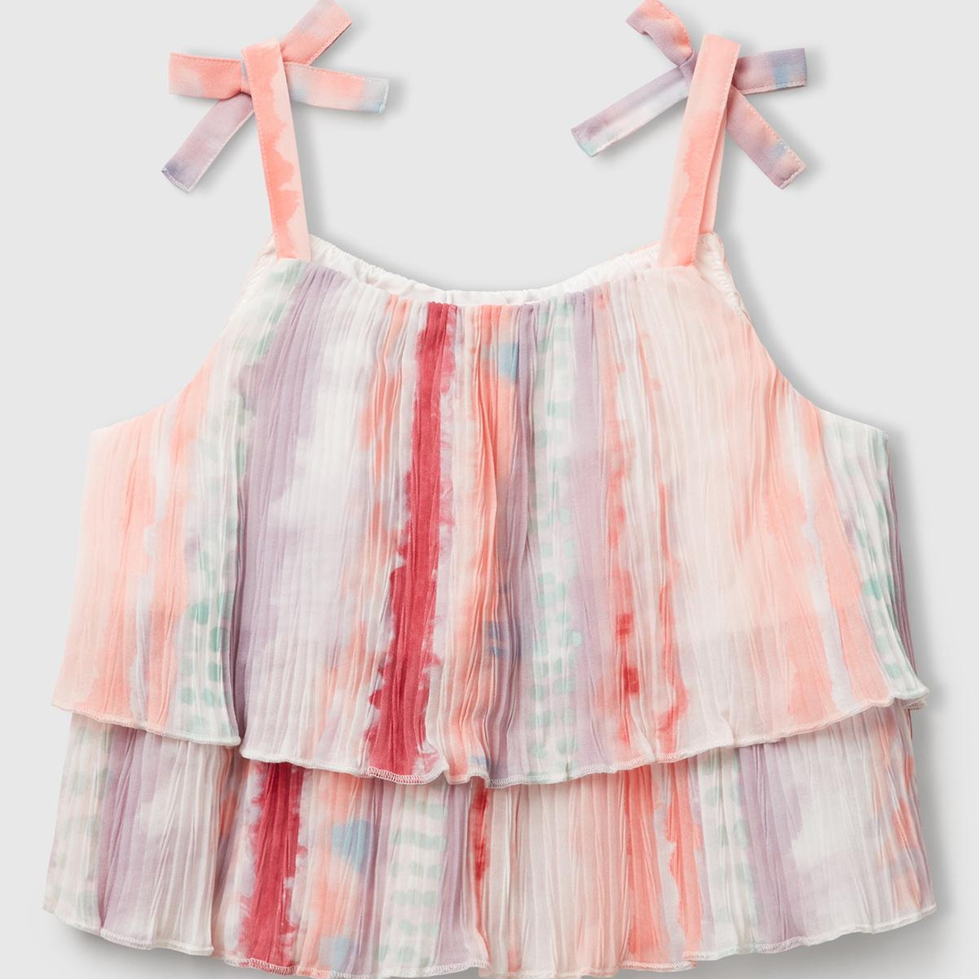 Kız Çocuk Renkli Tamamı Desenli Pileli Fiyonklu Askılı Üst