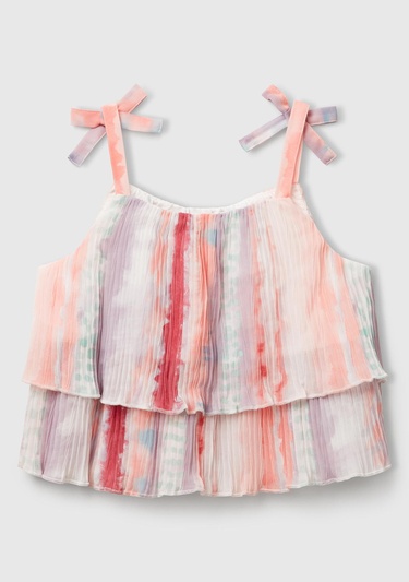  Kız Çocuk Renkli Tamamı Desenli Pileli Fiyonklu Askılı Üst